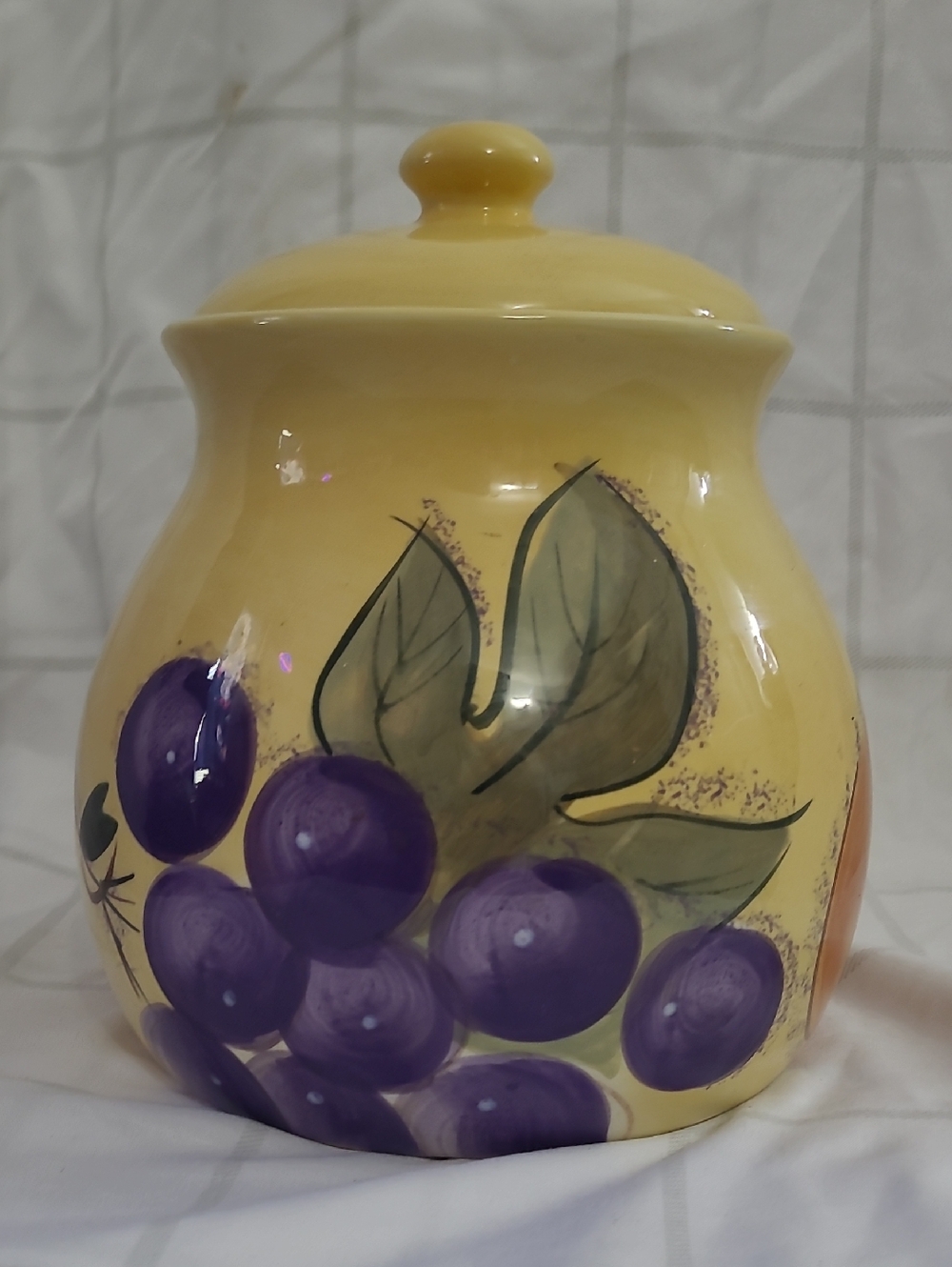 Yellow Ceramic Canister with Hand-Painted Purple Grape Motif